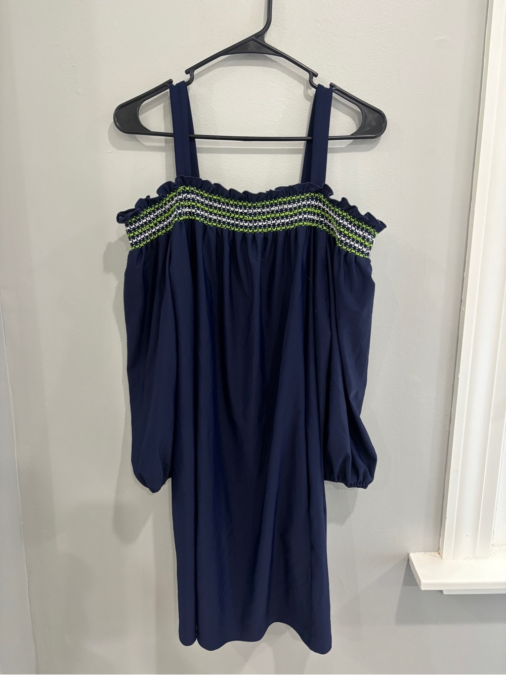 Jude Connally Navy Off-Shoulder Smocked Dress Lime Green Accent Large